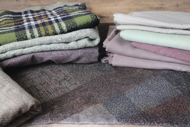 photo of vintage wool tweed fabric, suitings, lining fabrics lot greens & browns #1