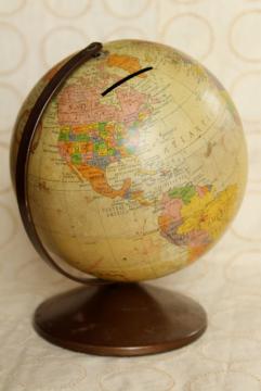 catalog photo of vintage world globe metal litho print bank, The Revere Replogle map tin globe