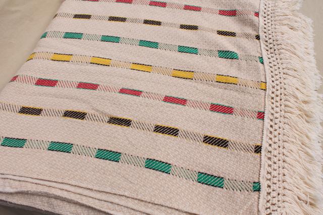 photo of vintage woven cotton coverlet, fringed bedspread striped Hudson Bay camp blanket colors #1
