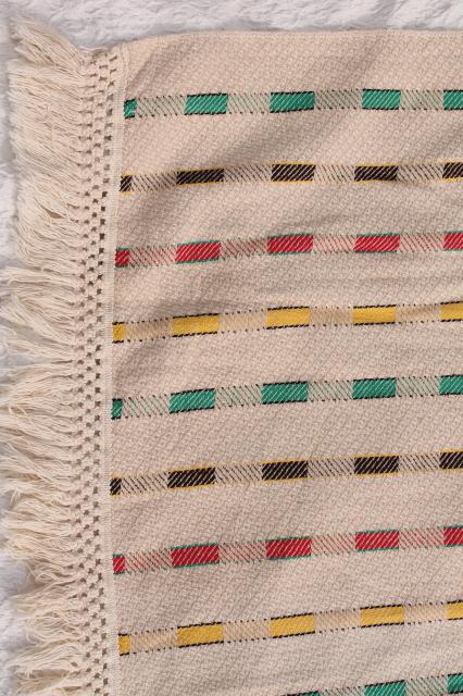 photo of vintage woven cotton coverlet, fringed bedspread striped Hudson Bay camp blanket colors #2