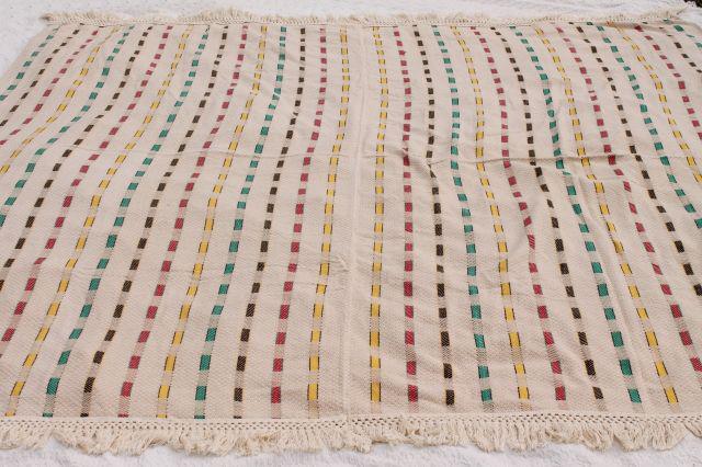 photo of vintage woven cotton coverlet, fringed bedspread striped Hudson Bay camp blanket colors #3