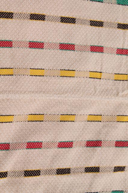 photo of vintage woven cotton coverlet, fringed bedspread striped Hudson Bay camp blanket colors #4