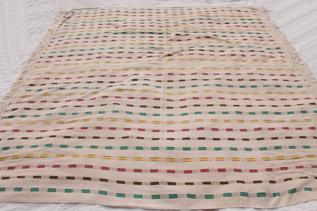 photo of vintage woven cotton coverlet, fringed bedspread striped Hudson Bay camp blanket colors #5