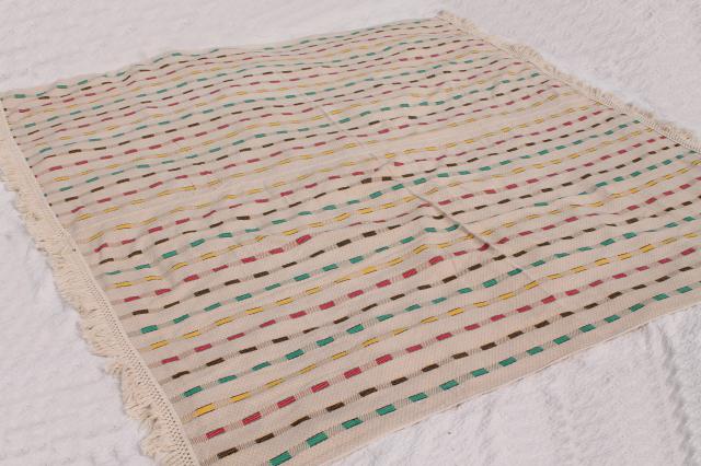 photo of vintage woven cotton coverlet, fringed bedspread striped Hudson Bay camp blanket colors #8
