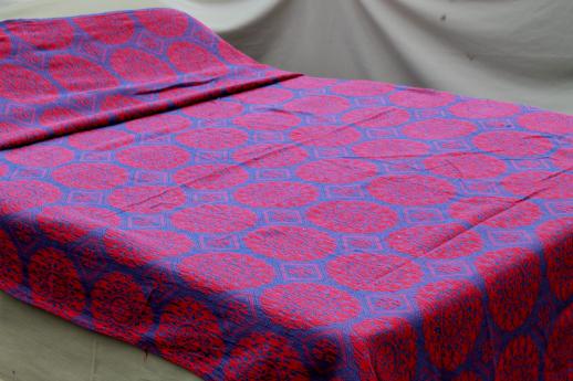 photo of vintage woven cotton coverlet, vivid blue & red bedspread / bed cover #1