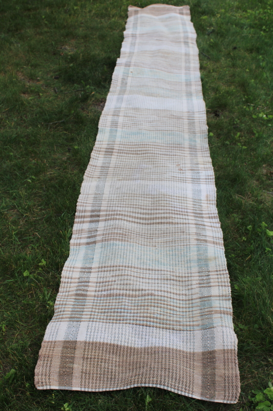 photo of vintage woven cotton rag rug, brown tan long runner for farmhouse kitchen entry or stairs #8