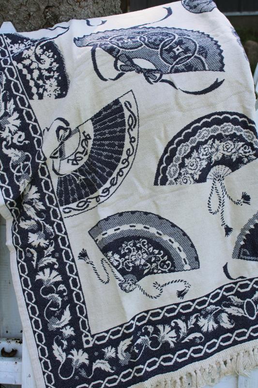 photo of vintage woven cotton tapestry blanket USA made blue & white Chinese fans pattern #4