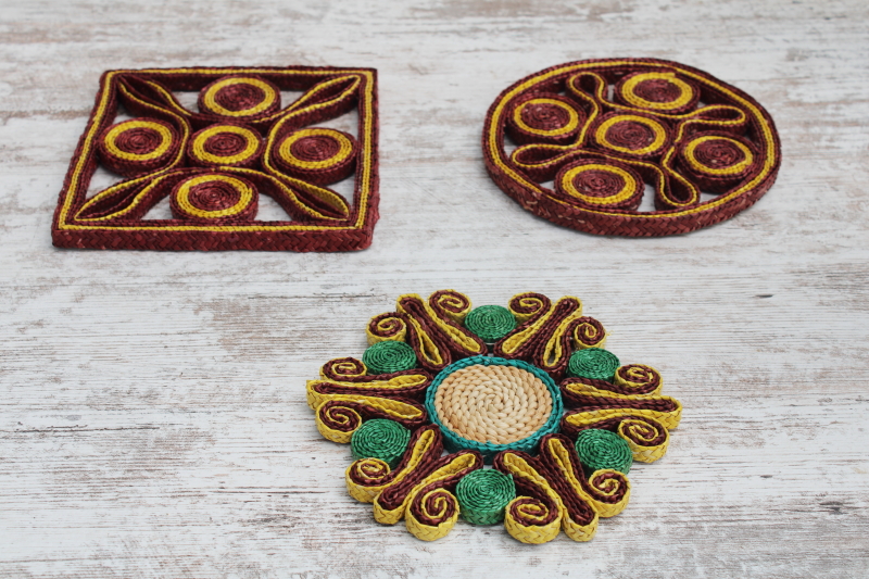 photo of vintage woven straw trivets, colorful raffia flower mandalas boho style wall art kitchen decor #1