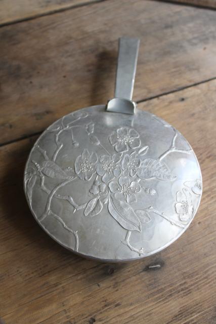 photo of vintage wrought aluminum crumb pan, dogwood flowers pattern August Wendell forge silent butler #1