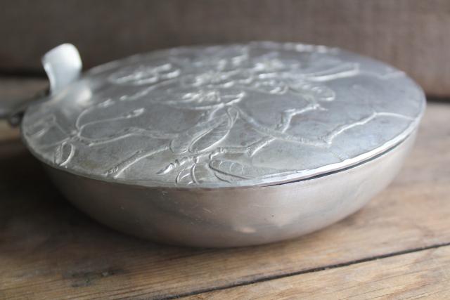 photo of vintage wrought aluminum crumb pan, dogwood flowers pattern August Wendell forge silent butler #5