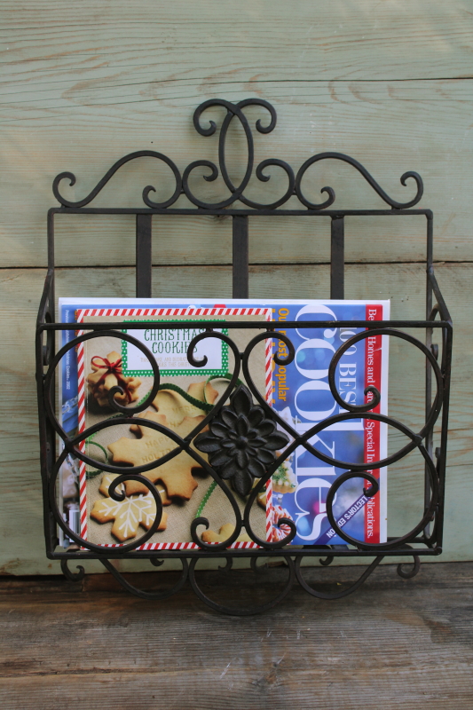 photo of vintage wrought iron magazine rack, heavy ornate black metal wall mount hanging storage #5