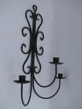 catalog photo of vintage wrought iron scrollwork candle sconce, wall mount candelabra