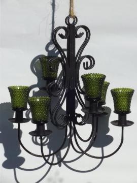 catalog photo of vintage wrought iron wall sconces, hanging chandelier candle holders