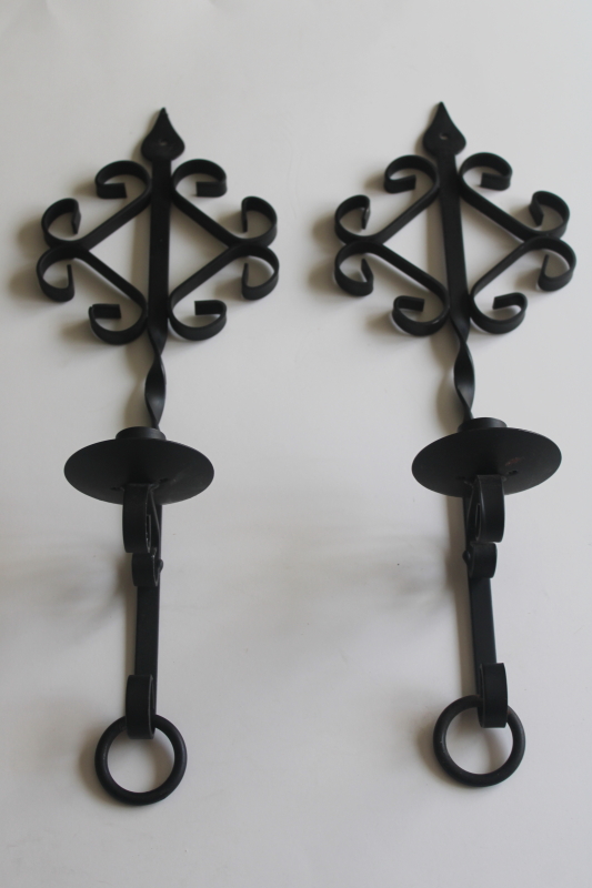 photo of vintage wrought iron wall sconces, old southwest style black metal wall hanging candle holders  #1