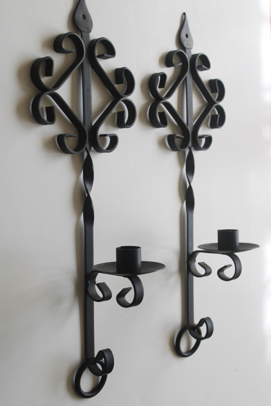 photo of vintage wrought iron wall sconces, old southwest style black metal wall hanging candle holders  #3