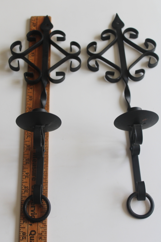 photo of vintage wrought iron wall sconces, old southwest style black metal wall hanging candle holders  #9