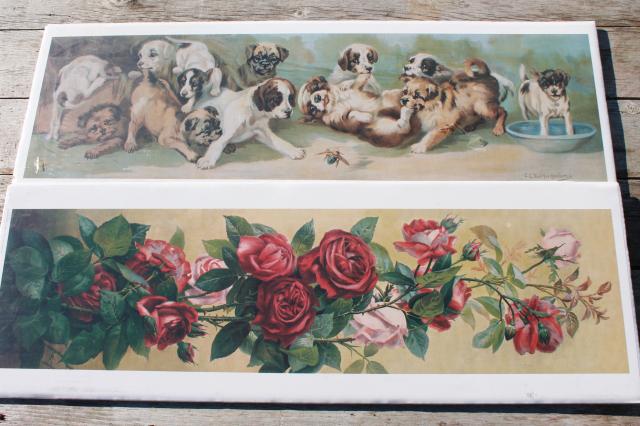 photo of vintage yard long prints, antique reproductions yard of puppies, study of roses #1