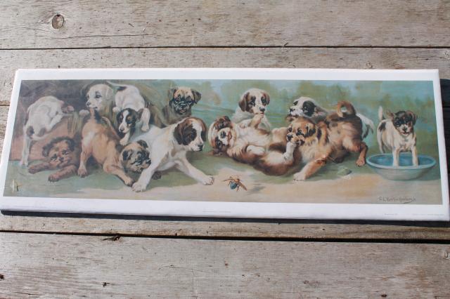 photo of vintage yard long prints, antique reproductions yard of puppies, study of roses #3