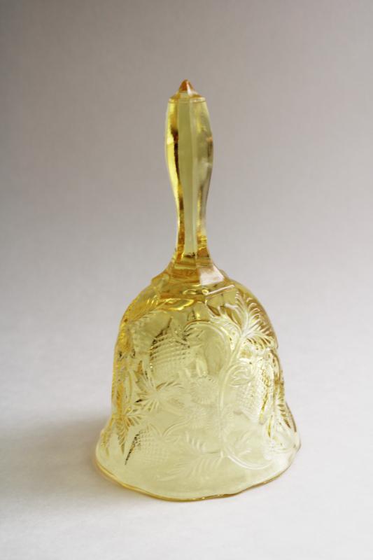 photo of vintage yellow Fenton glass bell, strawberry pattern glass inverted strawberries #1