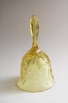 catalog photo of vintage yellow Fenton glass bell, strawberry pattern glass inverted strawberries