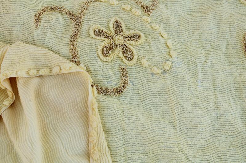 photo of vintage yellow cotton chenille bedspread, shabby cottage chic cozy granny style  #4