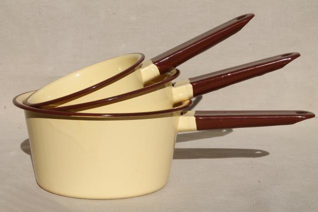 photo of vintage yellow enamelware saucepans, never used enamel pots & pans set #1