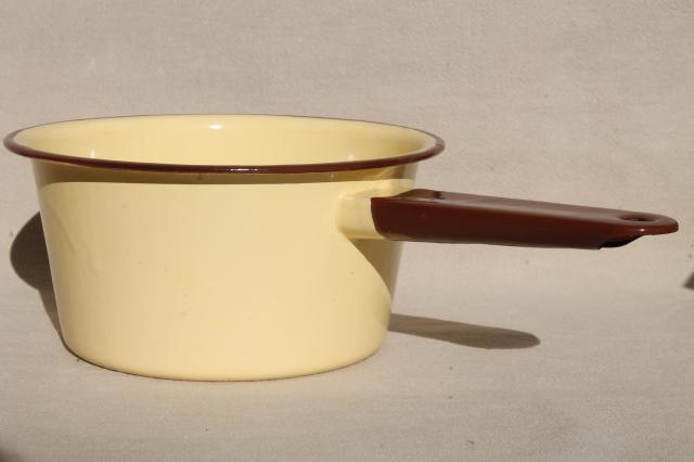 photo of vintage yellow enamelware saucepans, never used enamel pots & pans set #3