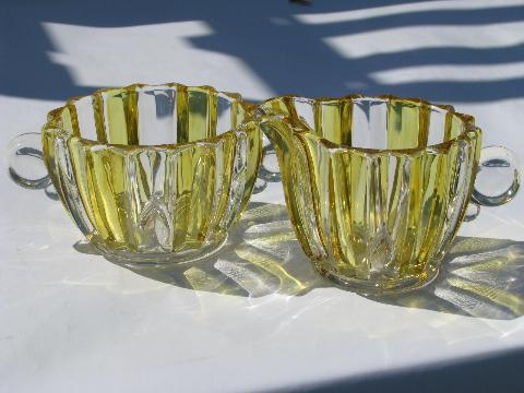 photo of vintage yellow flashed color stain glass cream & sugar set, Duncan & Miller #1