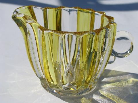 photo of vintage yellow flashed color stain glass cream & sugar set, Duncan & Miller #2