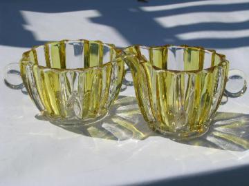 catalog photo of vintage yellow flashed color stain glass cream & sugar set, Duncan & Miller