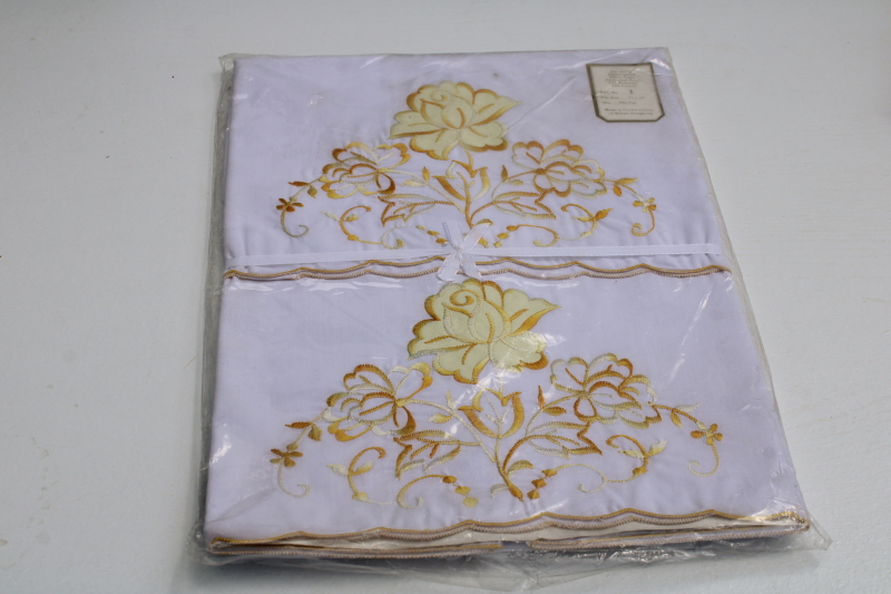 photo of vintage yellow floral fancywork embroidered pillowcases new in package, British Hong Kong label #1
