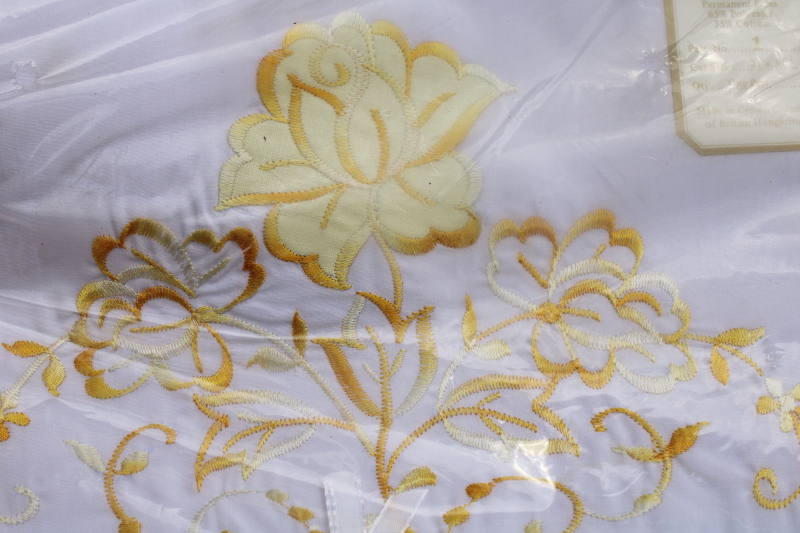 photo of vintage yellow floral fancywork embroidered pillowcases new in package, British Hong Kong label  #3