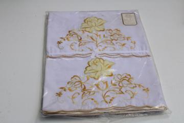 vintage yellow floral fancywork embroidered pillowcases new in package, British Hong Kong label 