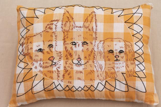 photo of vintage yellow gingham cushion, cottage style pillow w/ embroidery - dog family #1