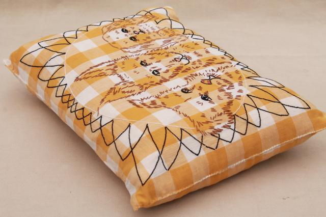 photo of vintage yellow gingham cushion, cottage style pillow w/ embroidery - dog family #6