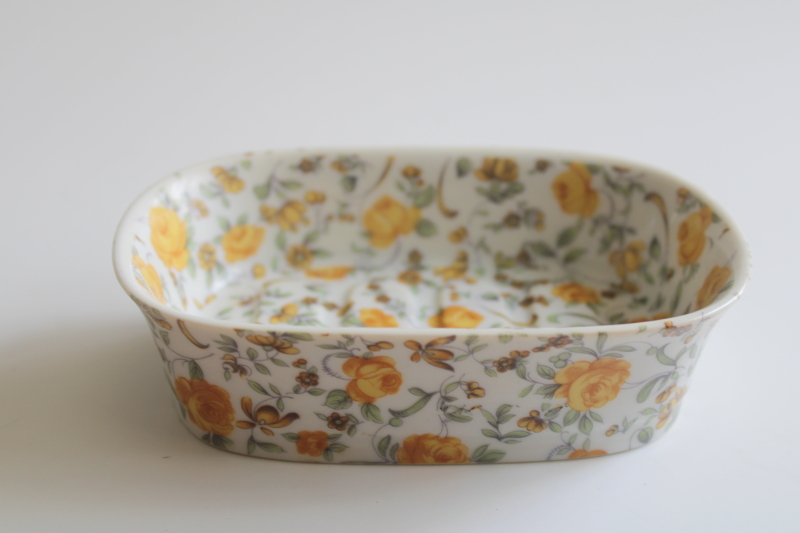 photo of vintage yellow roses chintz china soap dish, Takahashi Japan foil label  #1