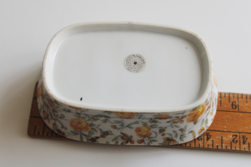 photo of vintage yellow roses chintz china soap dish, Takahashi Japan foil label  #2