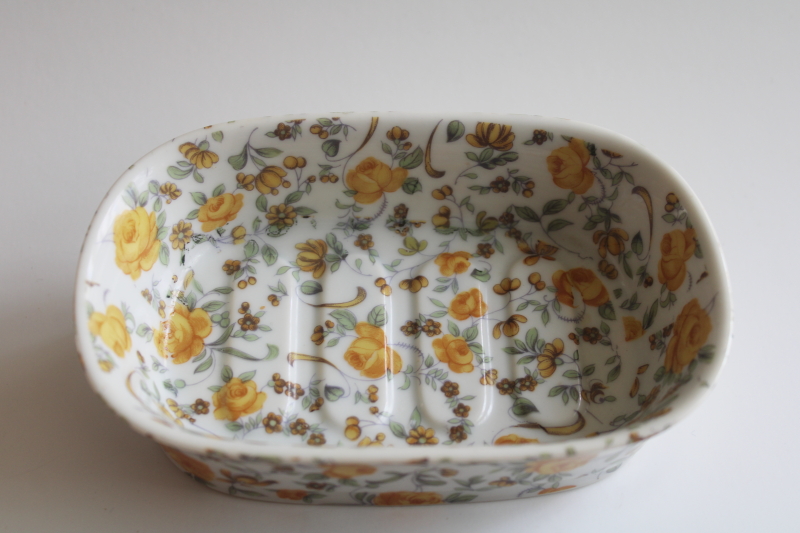 photo of vintage yellow roses chintz china soap dish, Takahashi Japan foil label  #5