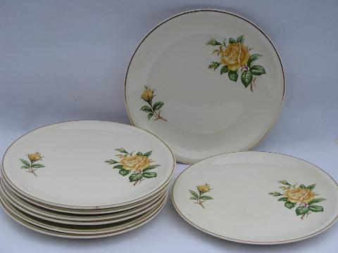 photo of vintage yellow roses floral china salad plates, old Paden City pottery #1