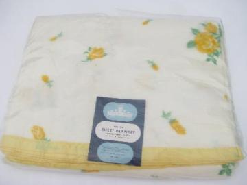 catalog photo of vintage yellow roses sheet blanket, soft plush cotton, mint in Harmony House package