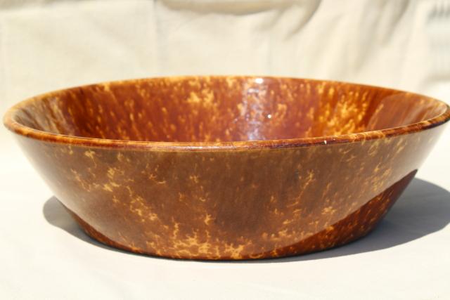 photo of vintage yellow ware brown spongeware milk pan, antique Bennington Rockingham glaze pottery #1