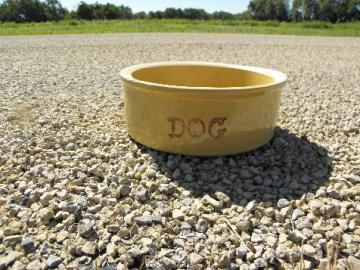 catalog photo of vintage yellow ware crock bowl, dish for Dog - old antique stoneware pottery