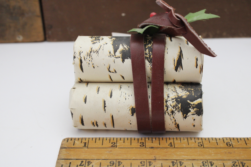 photo of vintage yule log fireplace fire starter, birch print logs bundle 1980s A Maize A Log w/ tag  #5
