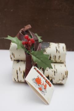 catalog photo of vintage yule log fireplace fire starter, birch print logs bundle 1980s A Maize A Log w/ tag 