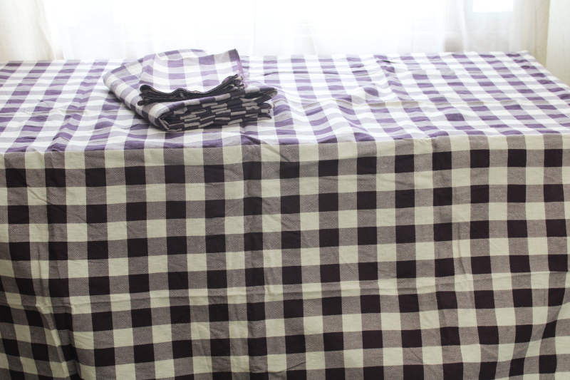 photo of violet purple gingham checked tablecloths & napkins, vintage farmhouse style cotton table linens  #1