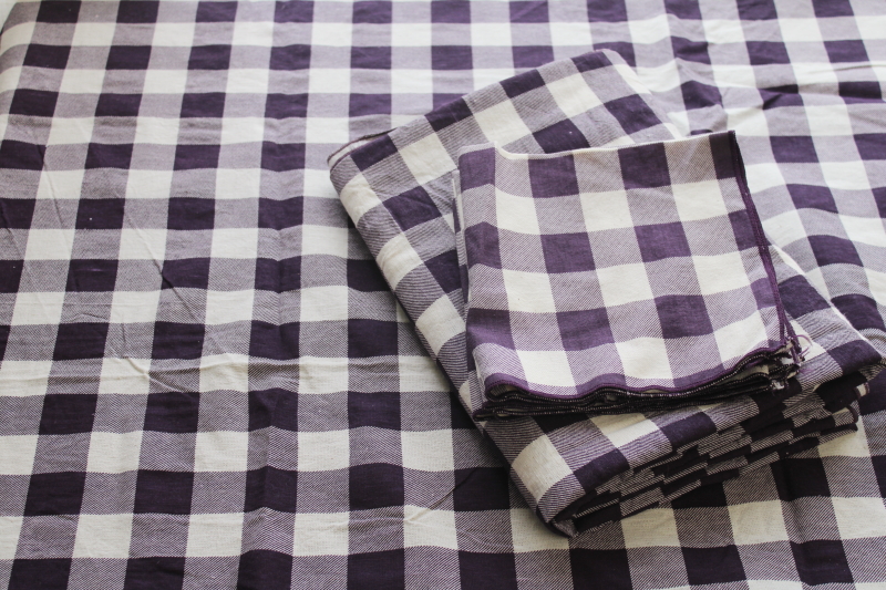 photo of violet purple gingham checked tablecloths & napkins, vintage farmhouse style cotton table linens  #2