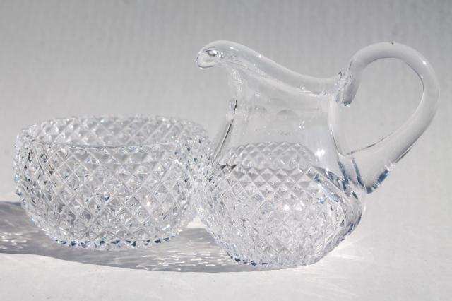 photo of waffle diamond block cut crystal cream pitcher & sugar bowl set, vintage glassware #1