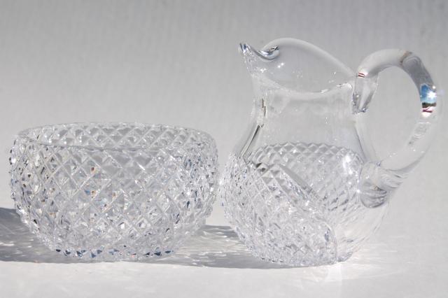 photo of waffle diamond block cut crystal cream pitcher & sugar bowl set, vintage glassware #2