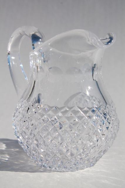 photo of waffle diamond block cut crystal cream pitcher & sugar bowl set, vintage glassware #5