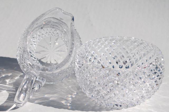 photo of waffle diamond block cut crystal cream pitcher & sugar bowl set, vintage glassware #8